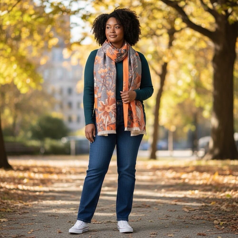 Saachi Large Floral Scarf Reversible Gray Orange‎ Fringe Trim Boho Butter Soft